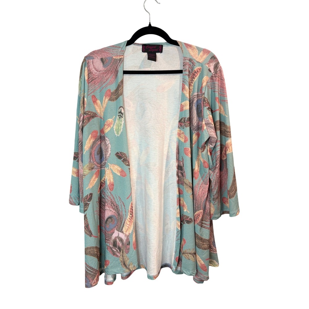 Cowgirl Legend‎ Teal Peacock Feather Kimono Women Large Bohemian Open Cardigan